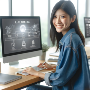 DALL·E 2023 10 26 11.32.50 Photo of a young woman of Asian descent using a computer in a bright office space with a screen highlighting features of a top e commerce platform